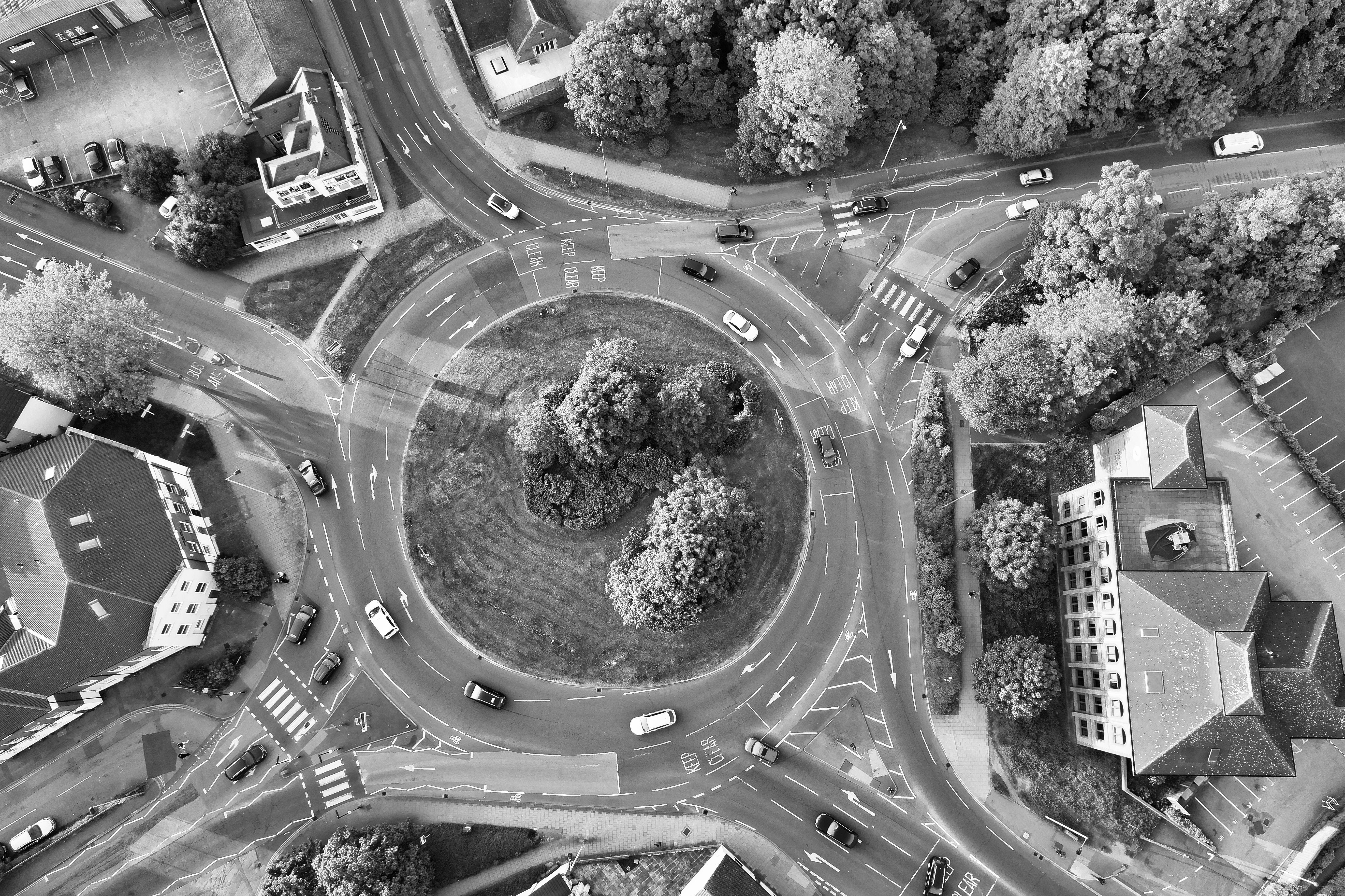 Aerial photo of black and white roundabout in Bedford