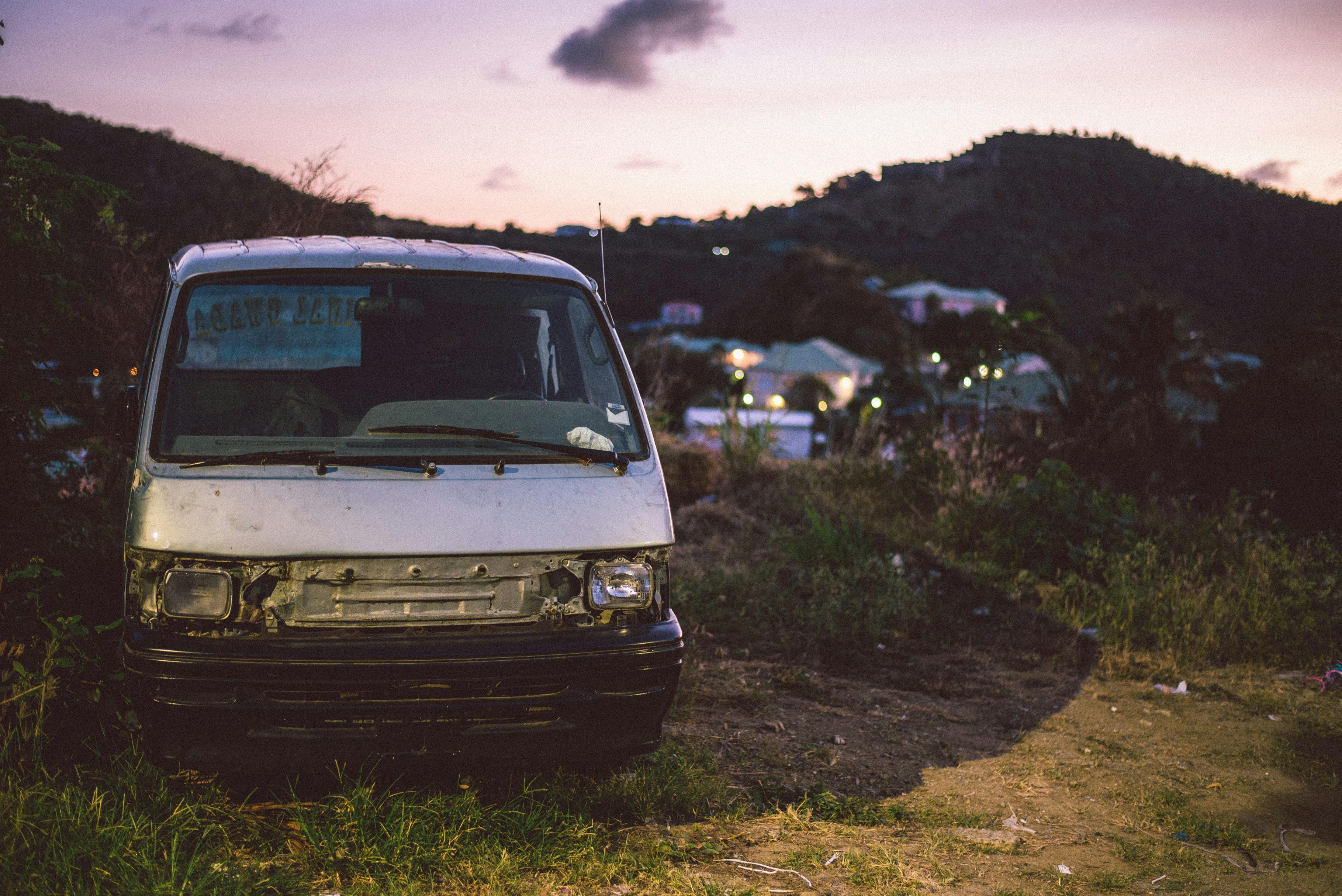 Burnt out van in countryside remote area