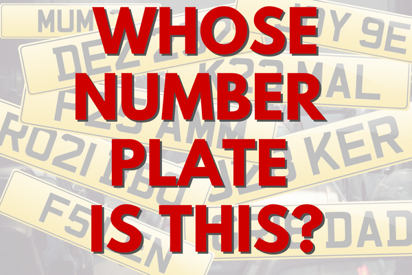 Whose Number Plate Is This? In large red text over a semi-transparent background of a group of random UK number plates