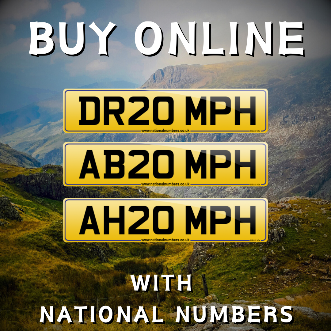 Three number plates on Welsh road background