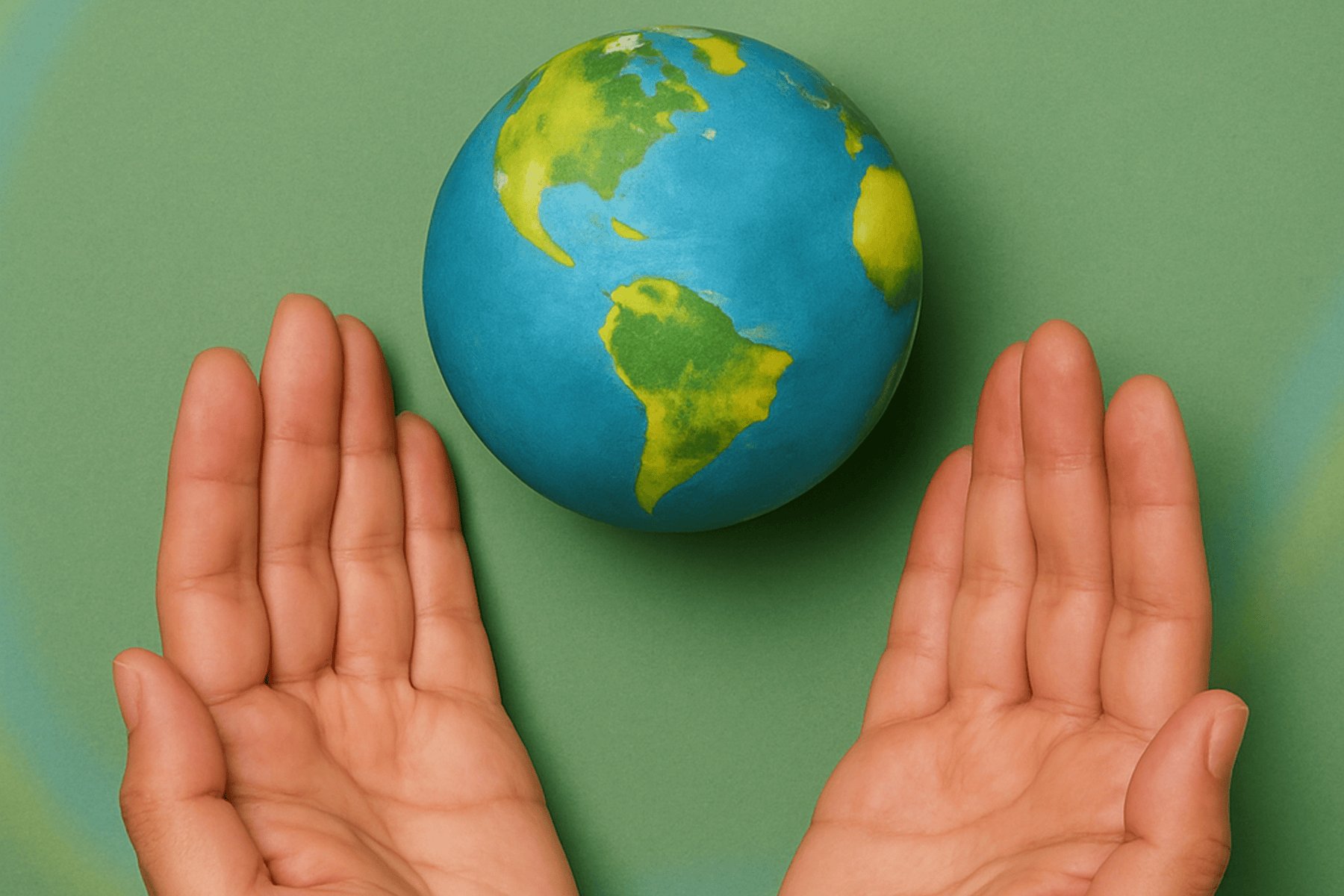 Green background with papier mache earth and heart
